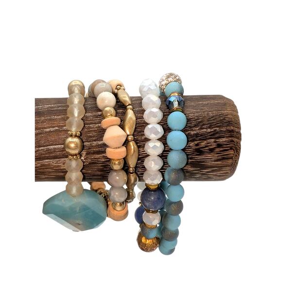 Lot of 3 Plus 2 Stone Beaded Stretch Bracelets - Picture 1 of 5